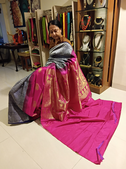 Partly pallu half and half  Ahimsa Silk saree