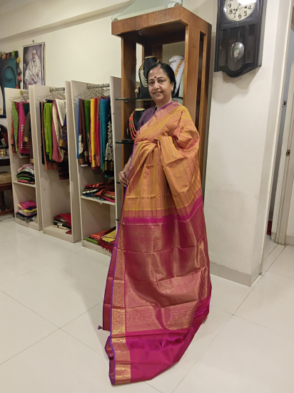 Semi Korvai  Veldhari Ahimsa silk saree with peacock border 