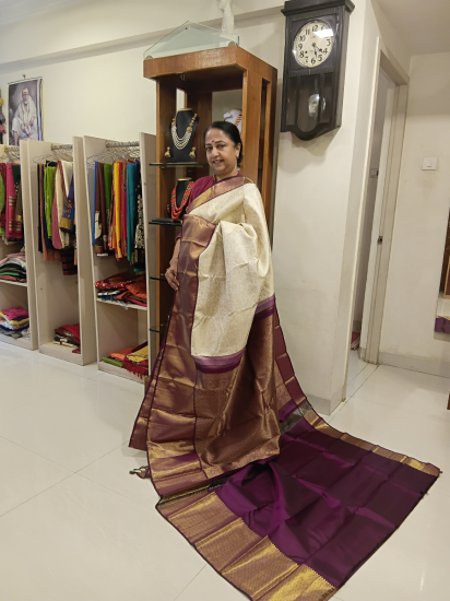 Half white with vadamali Ahimsa Wedding silk Saree