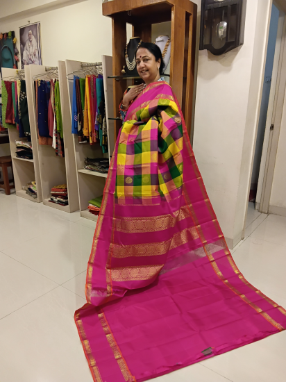Pallum pazham checks korvai double pettai border saree