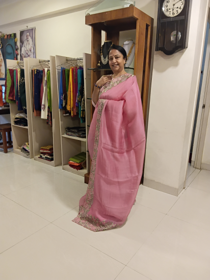 Cut work on organza silk saree