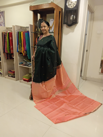 Bottle Green With Peach Thin Border Saree With Butte All Over(Shakthi Collections)