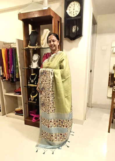 Zari Checks Tussaar With Kalamkari