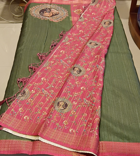 Woven tussar with kalamkari print in pallu and blouse