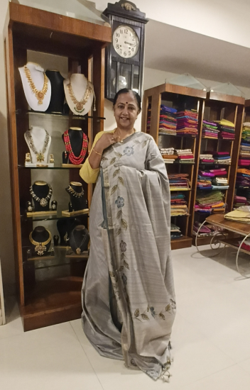 Painted floral silk saree with woven zari  borders 