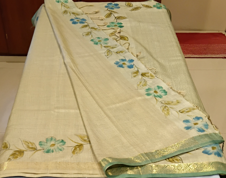 Painted floral silk saree with woven zari  borders 