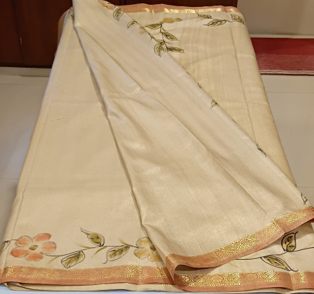 Painted floral silk saree with woven Zari borders 