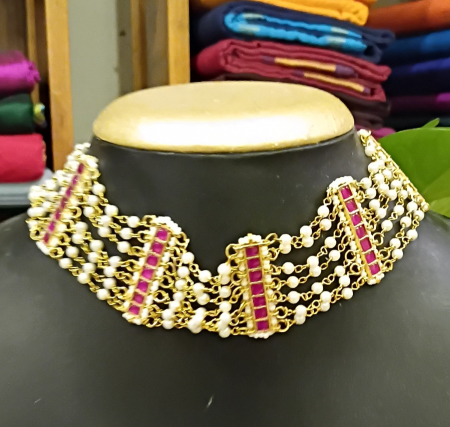 Pearl and uncut ruby electro plated silver /gold choker