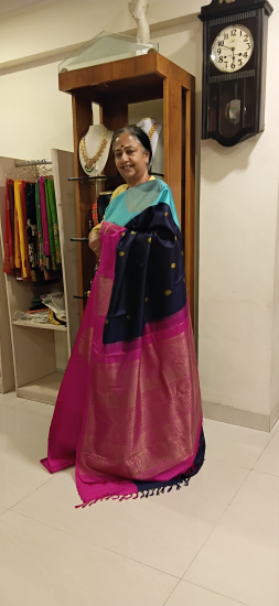 Ganga jamuna indigo blue saree with blue and pink contrast border