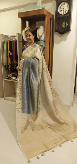 Faded satin tissue tussur silk with foil work