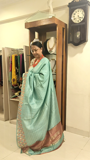 Tussar silk saree with Geometric pattern zari checks 