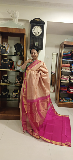 Peach color ahimsa silk saree with contast border