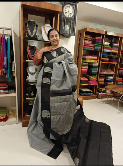Black and white checks with silver zari ahimsa silk saree