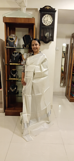 SILVER  tissue zari saree with bavanchi border