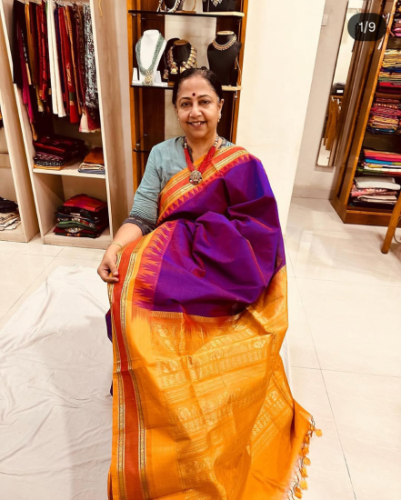 Ahimsa silk cotton saree with korvai  temple border