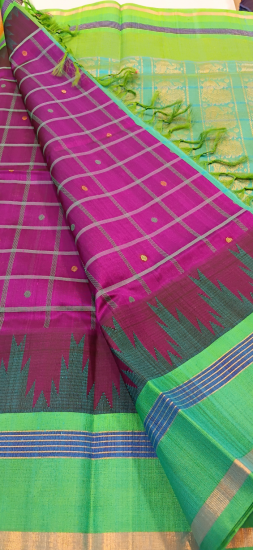 Silk cotton saree with checks and temple border