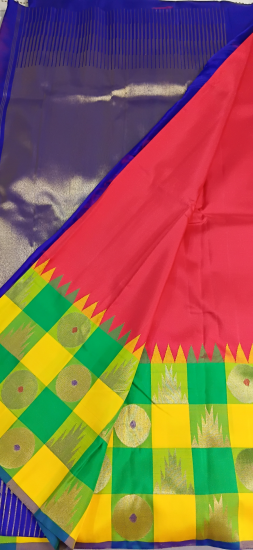 Korvai Ahimsa silk saree with temple pallum pazham kattam border 