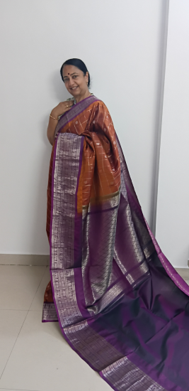Traditional korvai Ahimsa silk saree with one rupee coin butte and annapakshi and elephant border