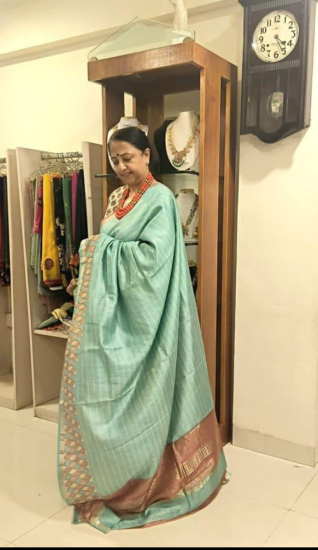 tussar silk saree with geometric pattern zari checks