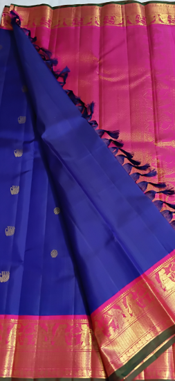 Korvai Ahimsa silk saree with story of ramayana on the border With elephant motifs and coin butte all over