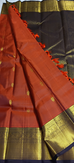 Rust orange with nut brown korvai ahimsa silk saree with gobi butte border