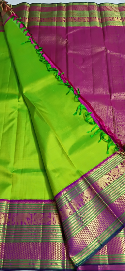 Korvai Ahimsa silk saree with annapakshi and coin motives with meenakari annapakshi and elephant border