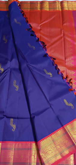 Korvai Ahimsa silk saree with elephant and annapakshi border with peacock motives